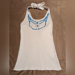 DKNY® White With Faux Turquoise & Clear Embellishments Halter Top
